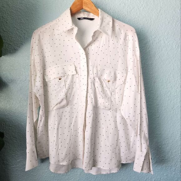 Zara front pockets button down polka-dot shirt blouse - Picture 1 of 7